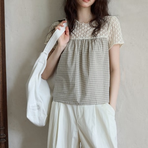 lace yoke checked blouse