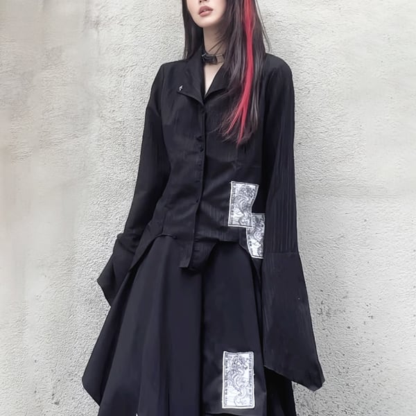 セミフレアスリーブパッチブラックロングスリーブシャツ(ruf_02154)