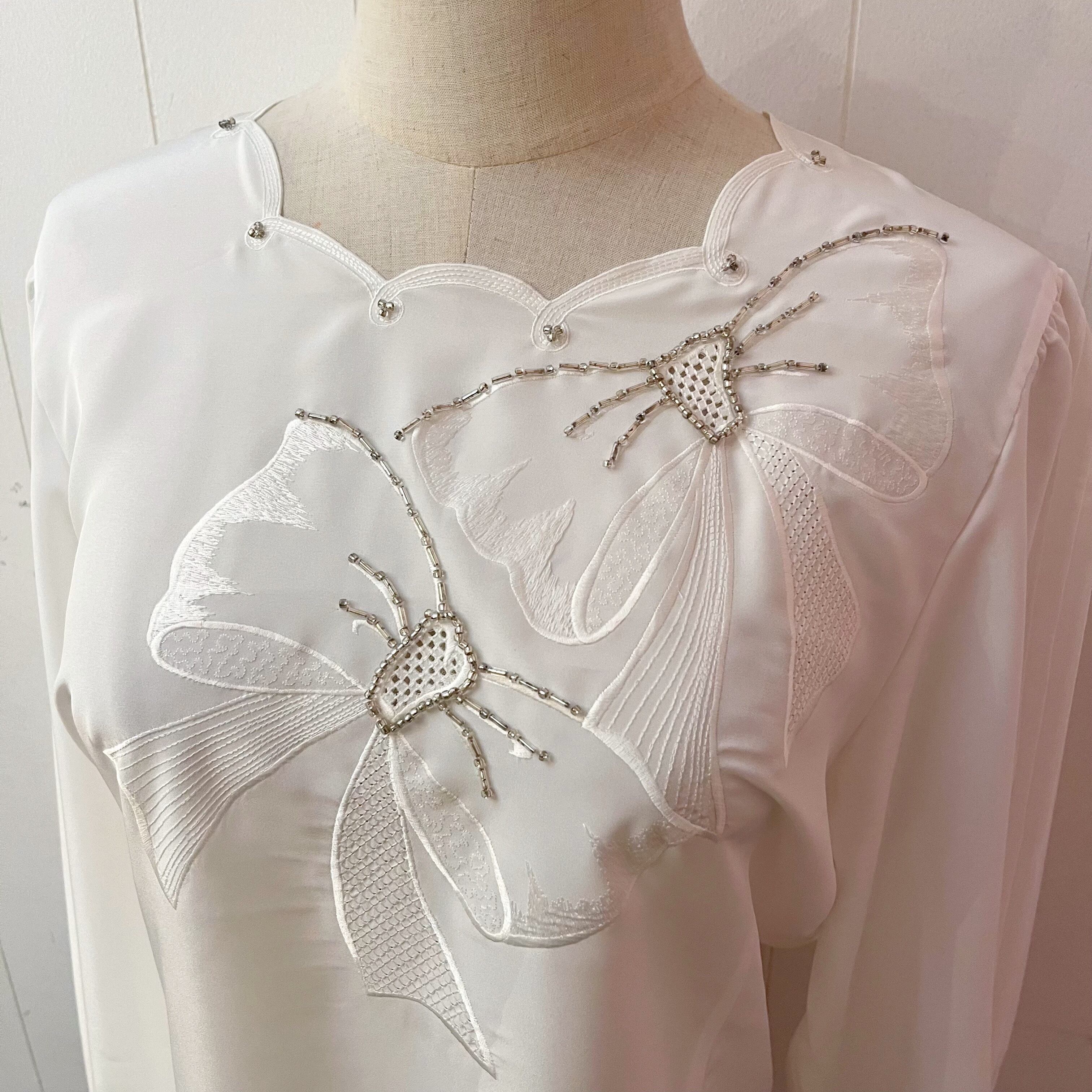 silver beads ribbon white blouse