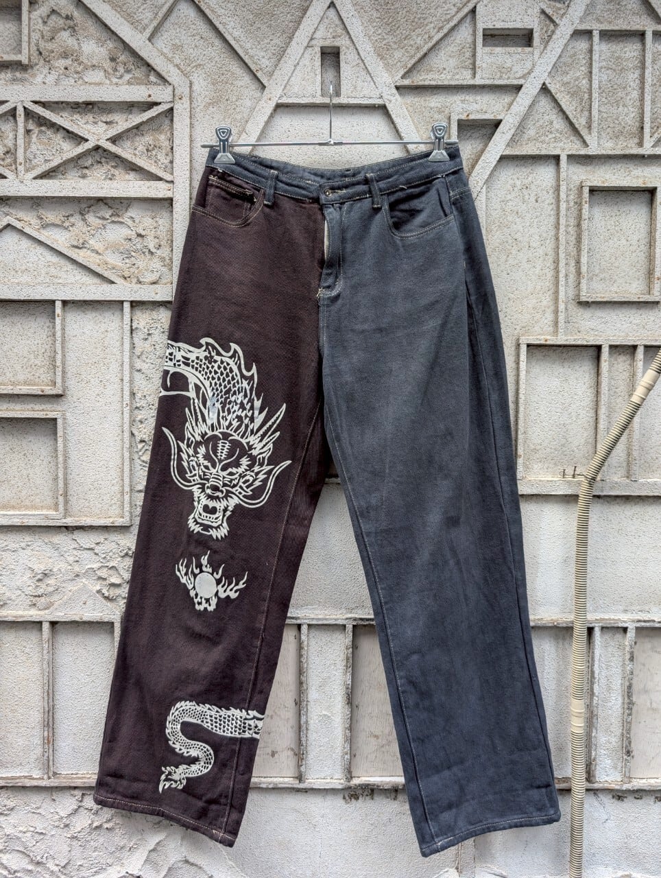 "DRAGON" asymmetry two-tone denim