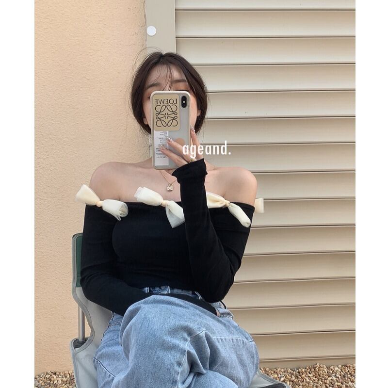 Tシャツ シャツ ショートブラックオータムトップス ロング リボン 秋物 YY-ファッション48443745649