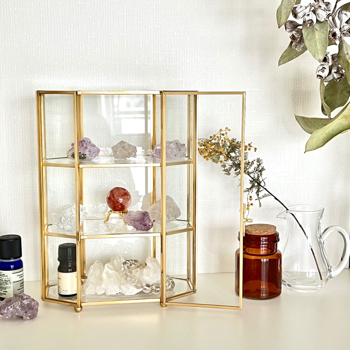 金属製 小物置き トレイ 真鍮製トレイ 金属製収納トレイ 鏡面研磨 ゴールド 長方形 小物収納 ジュエリーディスプレイ アクセサリー整理 化粧品トレー  コイン ディスプレイ用3段ガラスケース＊真鍮枠＊ガラス扉付き | Pay ID