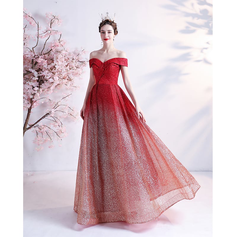 上品！パーティードレス 赤 キラキラグリッターチュール オフショル ロングドレス 憧れのドレス クラシカル エレガント シアーな美しさ  Cinderelladress