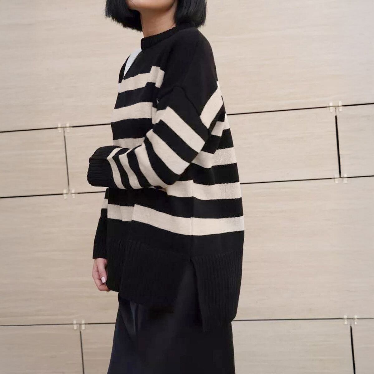 ニット セーター ボーダー柄 長袖 レディース 春秋 トップス 韓国 大人 カジュアル おしゃれ ゆったり 体型カバー サイドスリット ドロップショルダー ボーダーニット 大人可愛い 大人女子