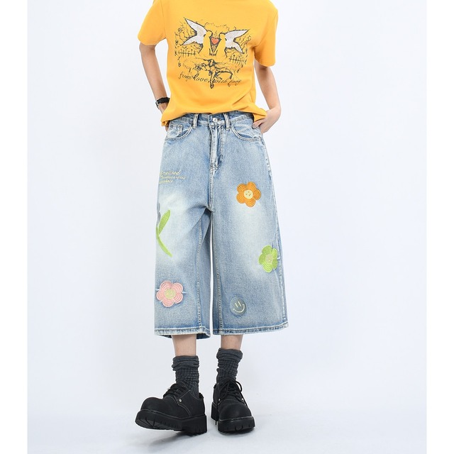 フラワーパッチクロップドデニムパンツ 2col   R02404