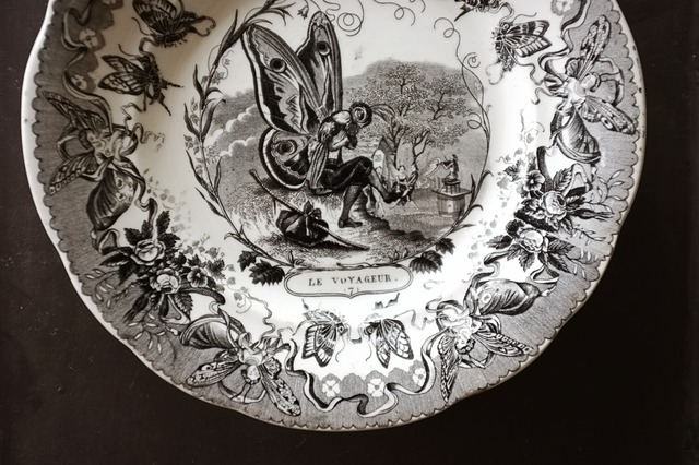 1840s~  Creil et Montereau LES PAPILLONS グランヴィル的蝶々人間のプレートb アンティーク