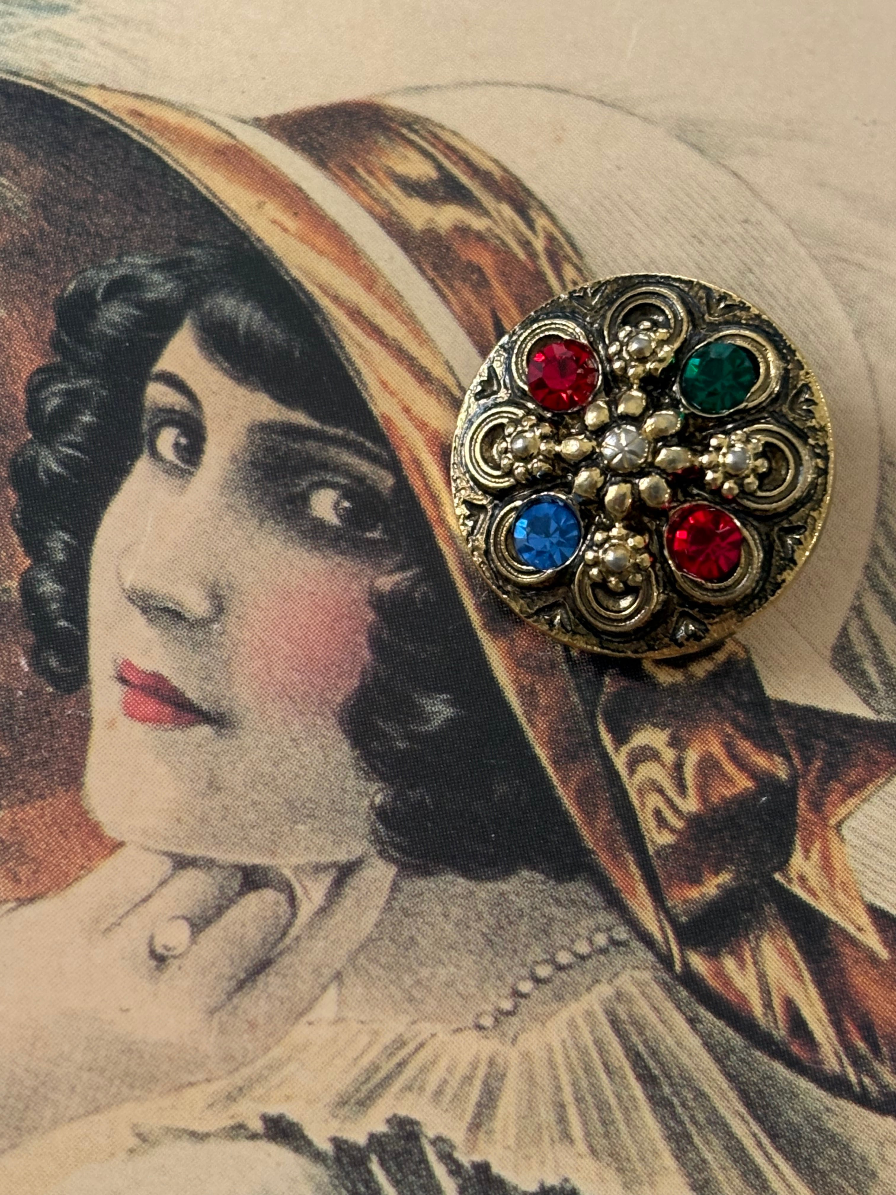 18mm Japanese Vintageボタン ビジューゴールド×マルチカラー アクセサリーパーツ デコレーション材