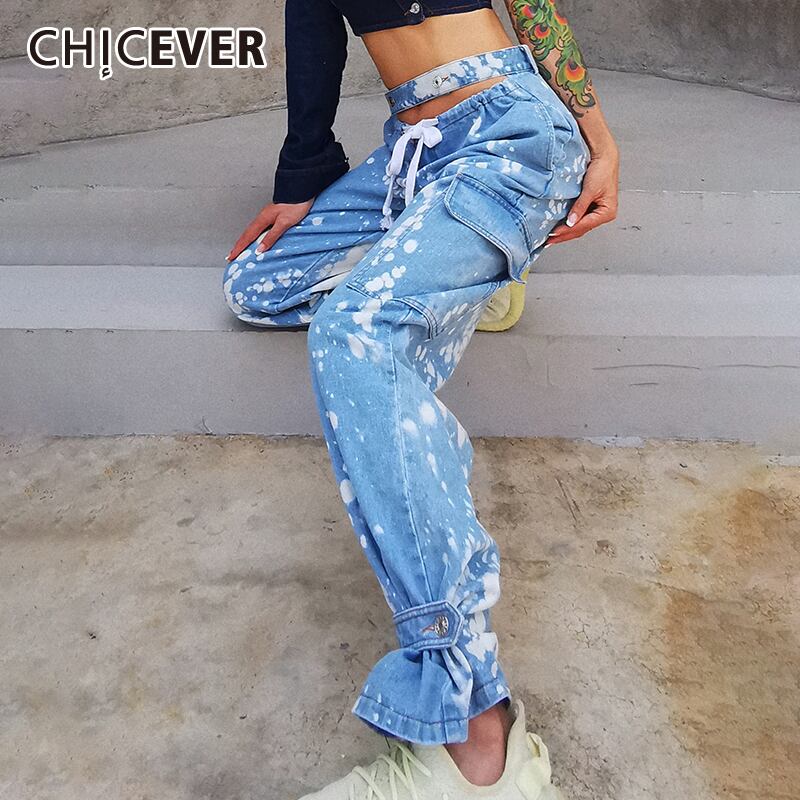 CHICEVERブルージーンズレディースウエストパッチワーク巾着ヒットカラータイダイワイドレッグパンツ2020洋服タイド ワイドパンツ 6base545215371312