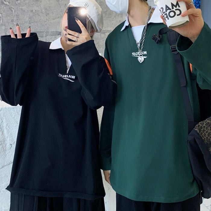 ユニセックス バイカラー ポロシャツ 長袖 オーバーサイズ 韓国ファッション メンズ レディース トップス ルーズ カジュアル ストリートファッション Tbn Mamos マモス ストリートファッションならお任せ 韓国ファッションがお好きな方も要チェックです