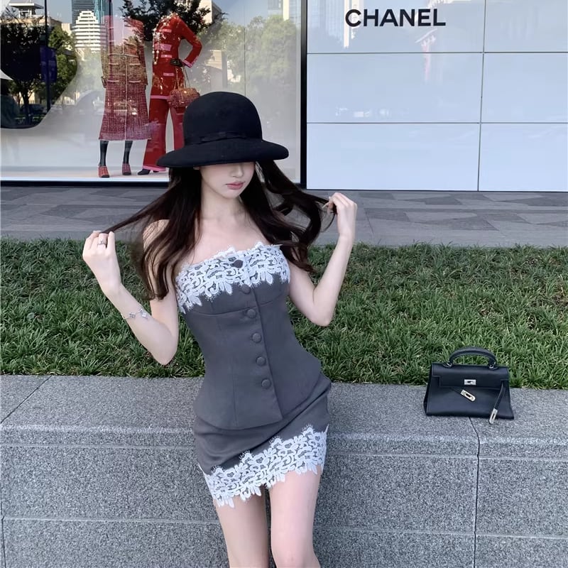 【set】レースドッキングチューブトップス×ミニスカートセット Q8110