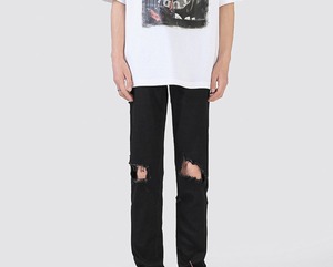 【韓国ファッション】ダメージ カジュアル パンツ ストレートジーンズ