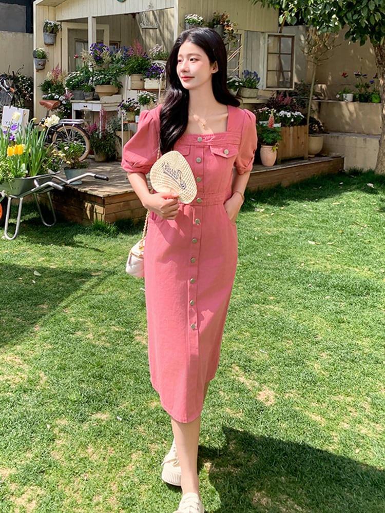 大人可愛いくすみカラーピンクスクエアネックワンピース | 韓国/ワン