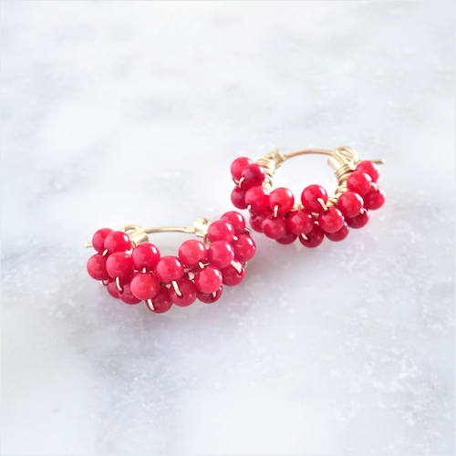 送料無料 14kgf Red Coral wrapped pierced earrings / earrings