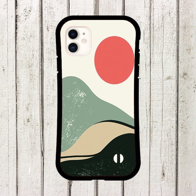 受注生産 iPhoneケース 赤い丸と山並みのミニマル抽象｜カーヴィー抽象 CURV023B