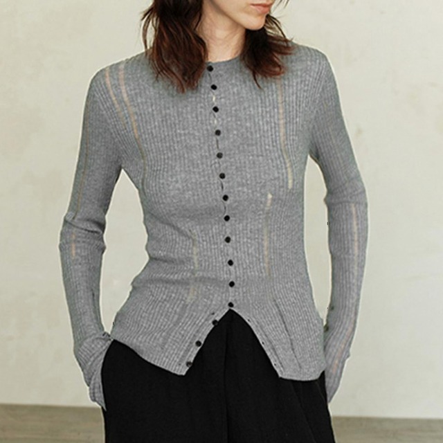 Sheer rib front button tops 2 colors　V2800