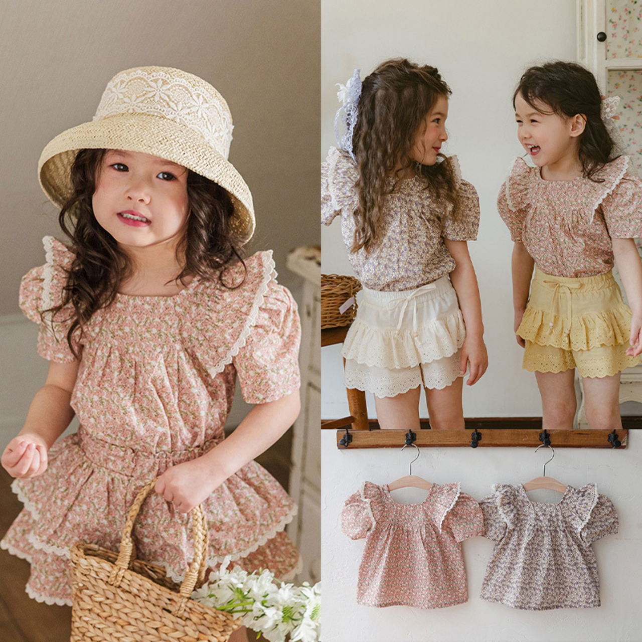 夏レトロ花柄パフスリーブＴシャツ