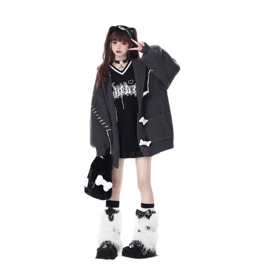 ロリータ CRAZYGIRL カーディガン フード付き ツギハギ 骨ボタン