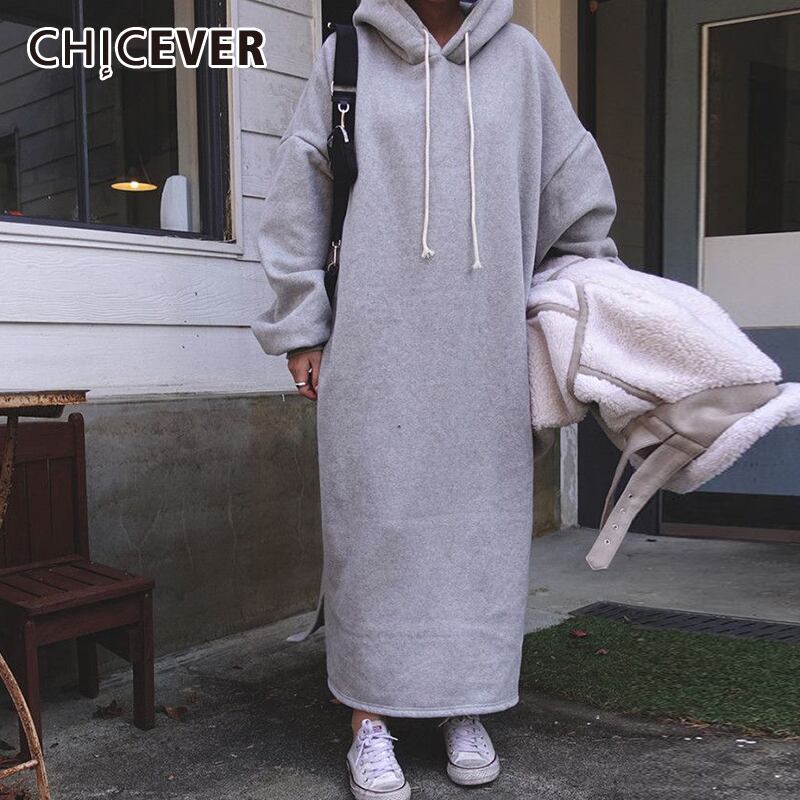 CHICEVERグレーのスウェットシャツ女性フード付き襟長袖ルーズサイドスプリットプラスサイズプルオーバー2021秋の服 ロング 大きめサイズ オータム 秋物 6base525470689031