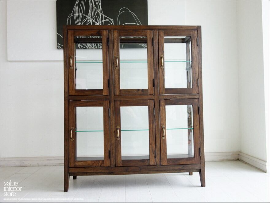 「 ミトウ様 サイズオーダーキャビネット 」チーク総無垢 ガラスパンケース6枚扉WM ショーケース コレクションケース 陳列棚 店舗什器 ガラスケース 飾り棚 真鍮金物