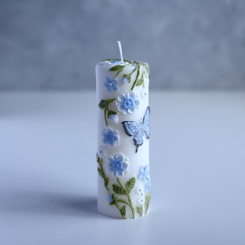 レリーフキャンドル「蝶とアネモネの園」ホワイト×ブルー