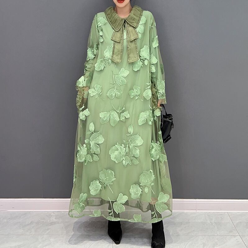 MOSS GREEN LACE LAYERED A-LINE LONG DRESS 1color M-6550