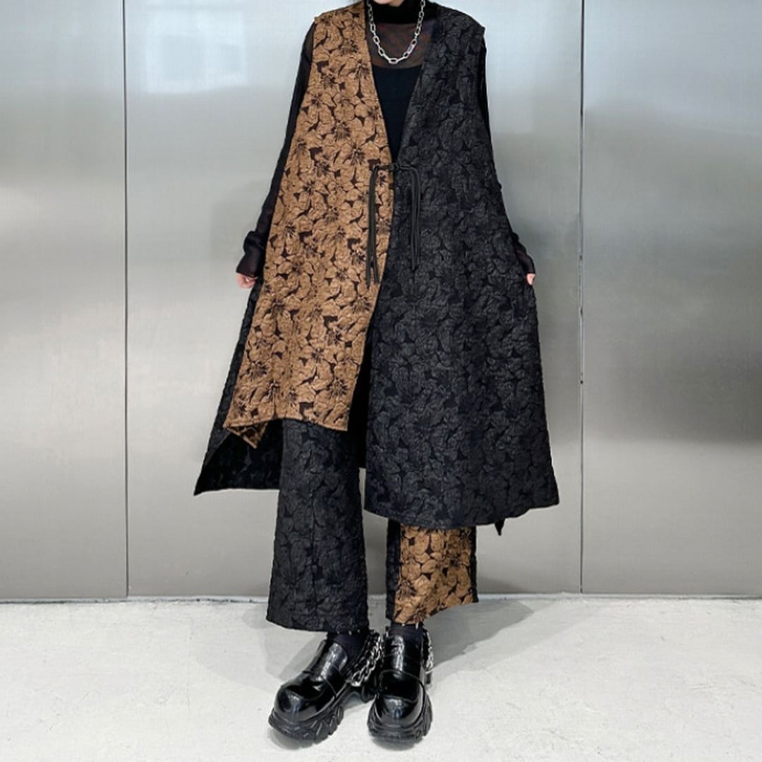 ツートン花柄Vネックロングベスト＆ロングパンツ セットアップ ST0126