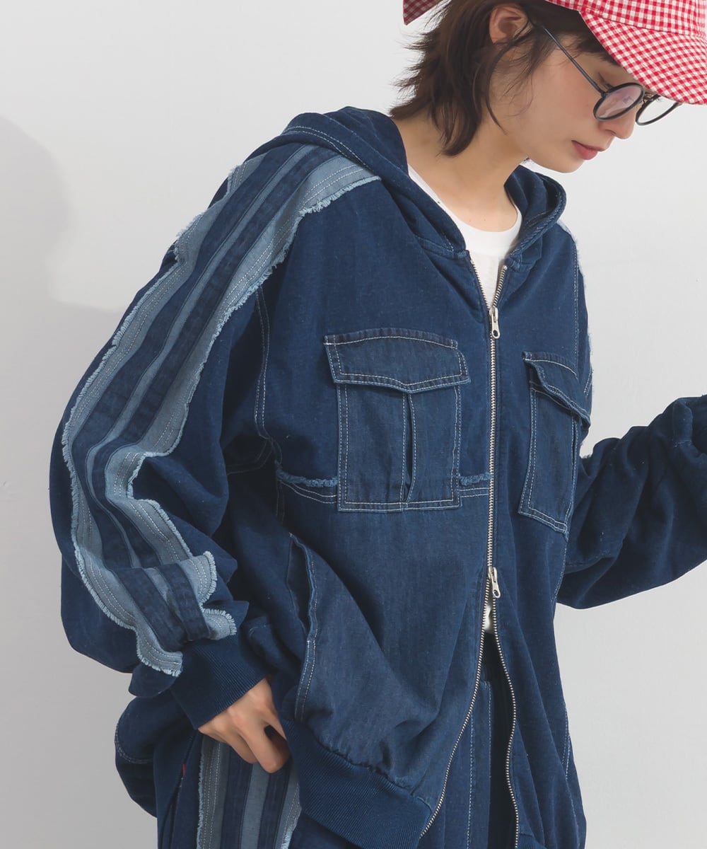 K261012 デニム切り替えZIPパーカー / Denim-Look Panel Zip Hoodie