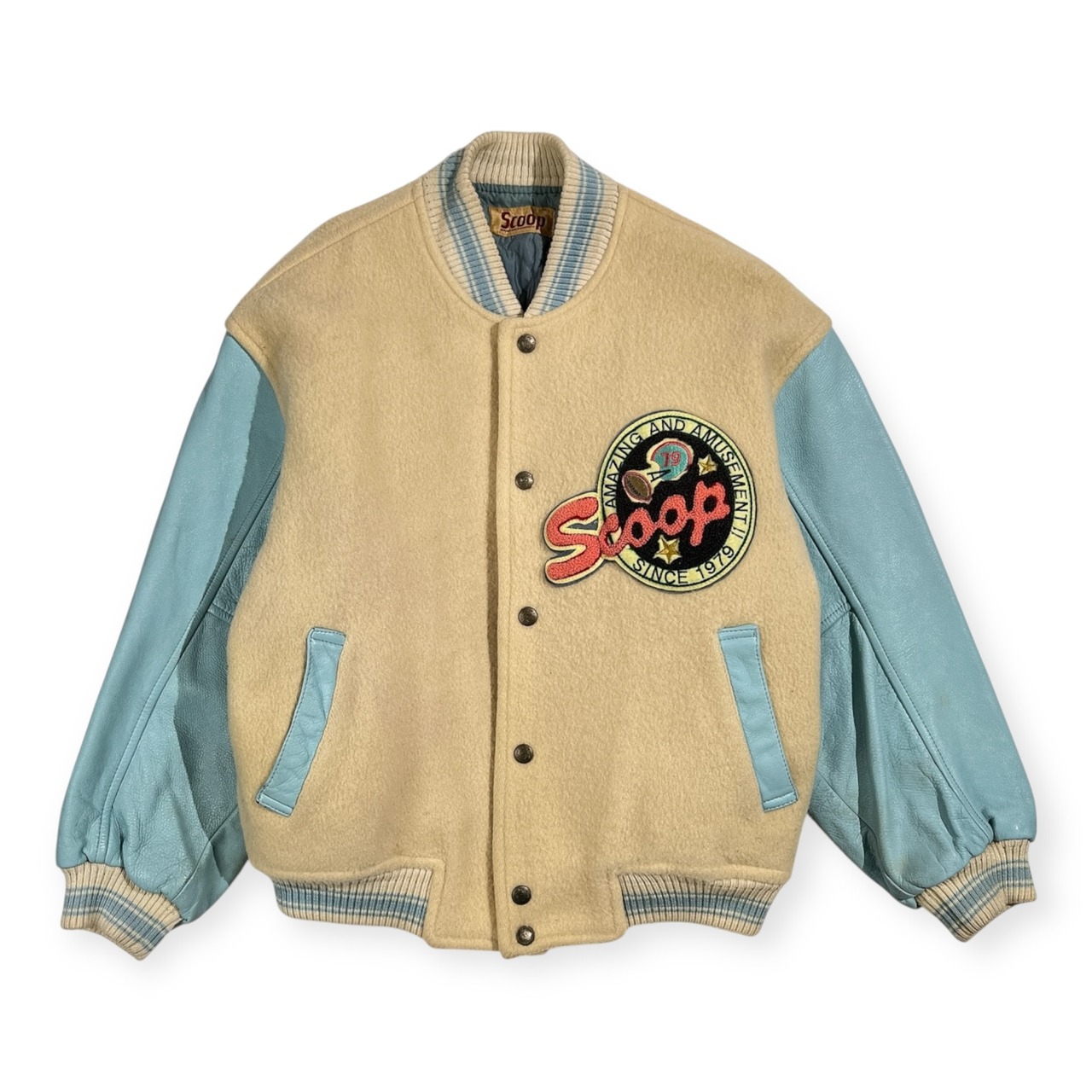 希少 80s Scoop スクープ ワッペン付き 袖革 レザー スタジャン サイズ M /水色系/ビンテージ/DCブランド