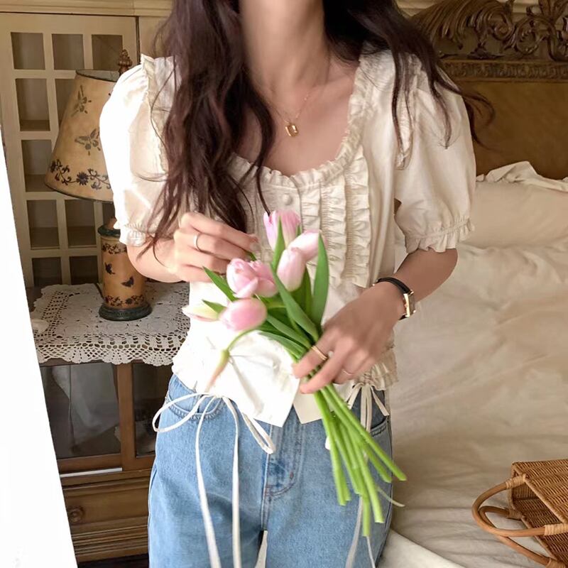 スタイルシャツ トップス レディースサマーギャザーラウンドネックショート レース 夏物 Oネック レースアップ ビッグFスモールZ韓国26223196304