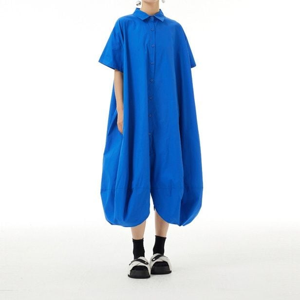 PUFF HEM POLO COLLAR SHORT SLEEVE MIDI DRESS M-17180