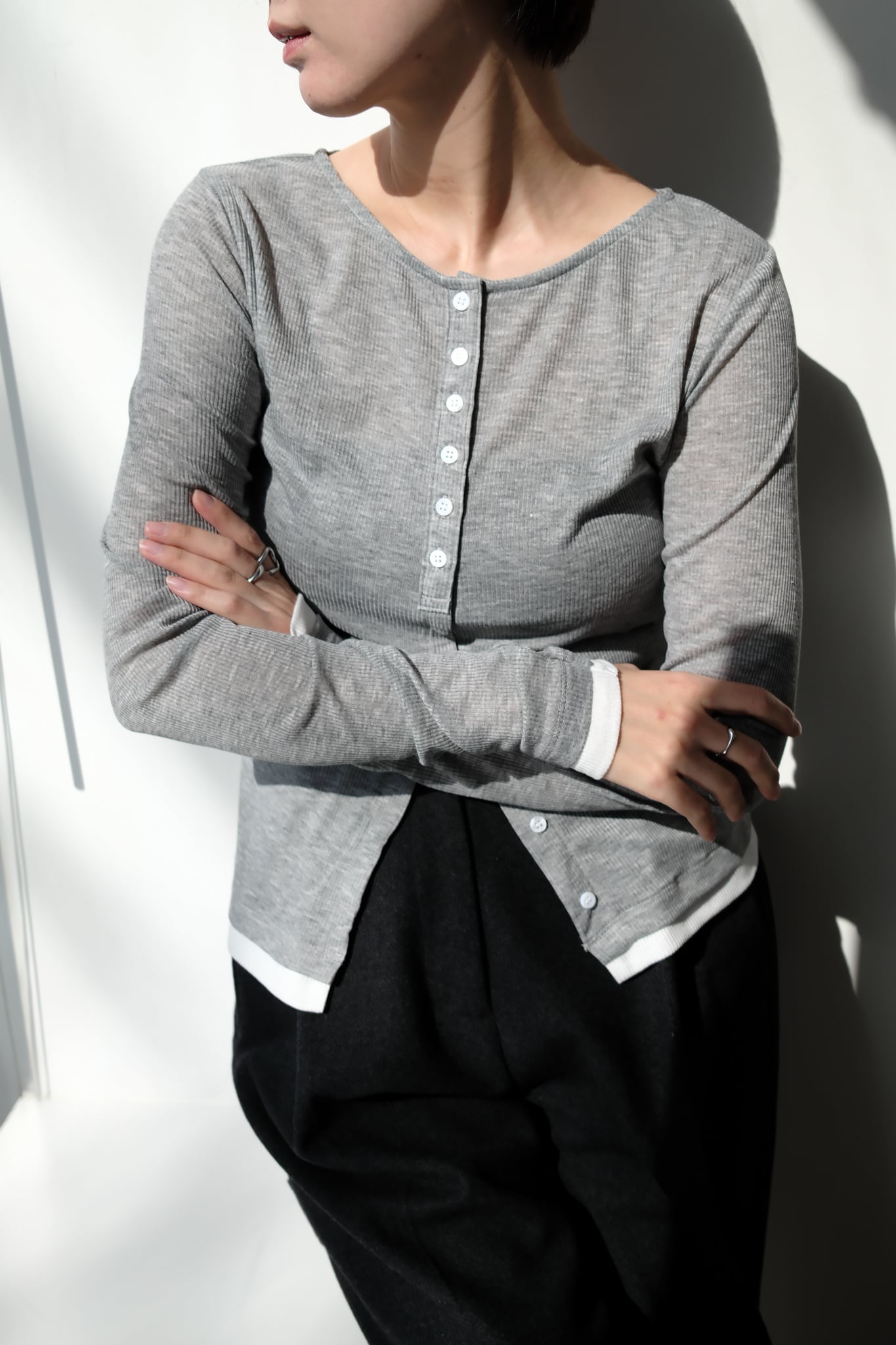 Sheer Rib Bicolor Cardigan シアーリブバイカラーカーディガン Gray