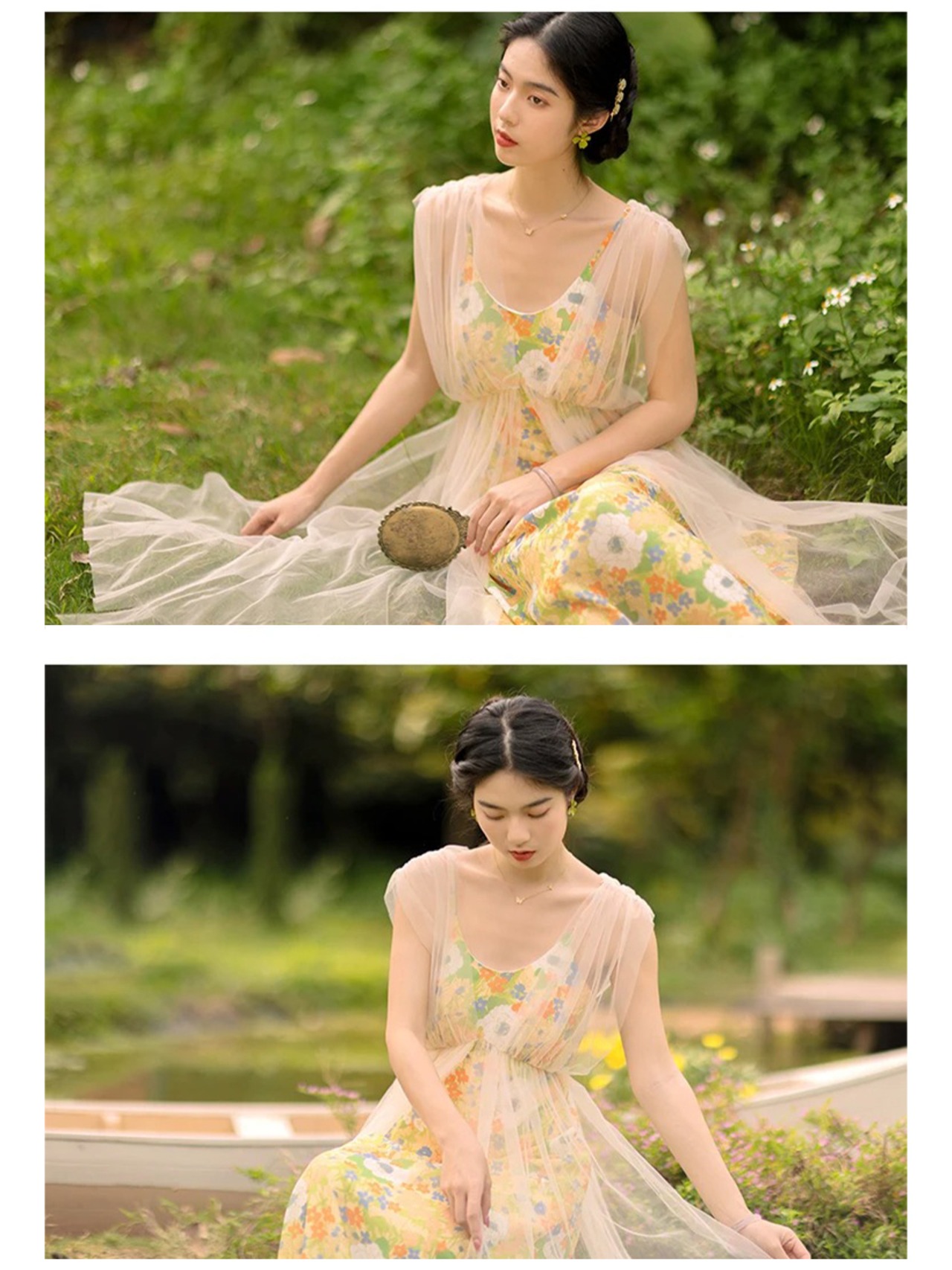 【0005】Flower Tulle Midi Short Sleeve Dress