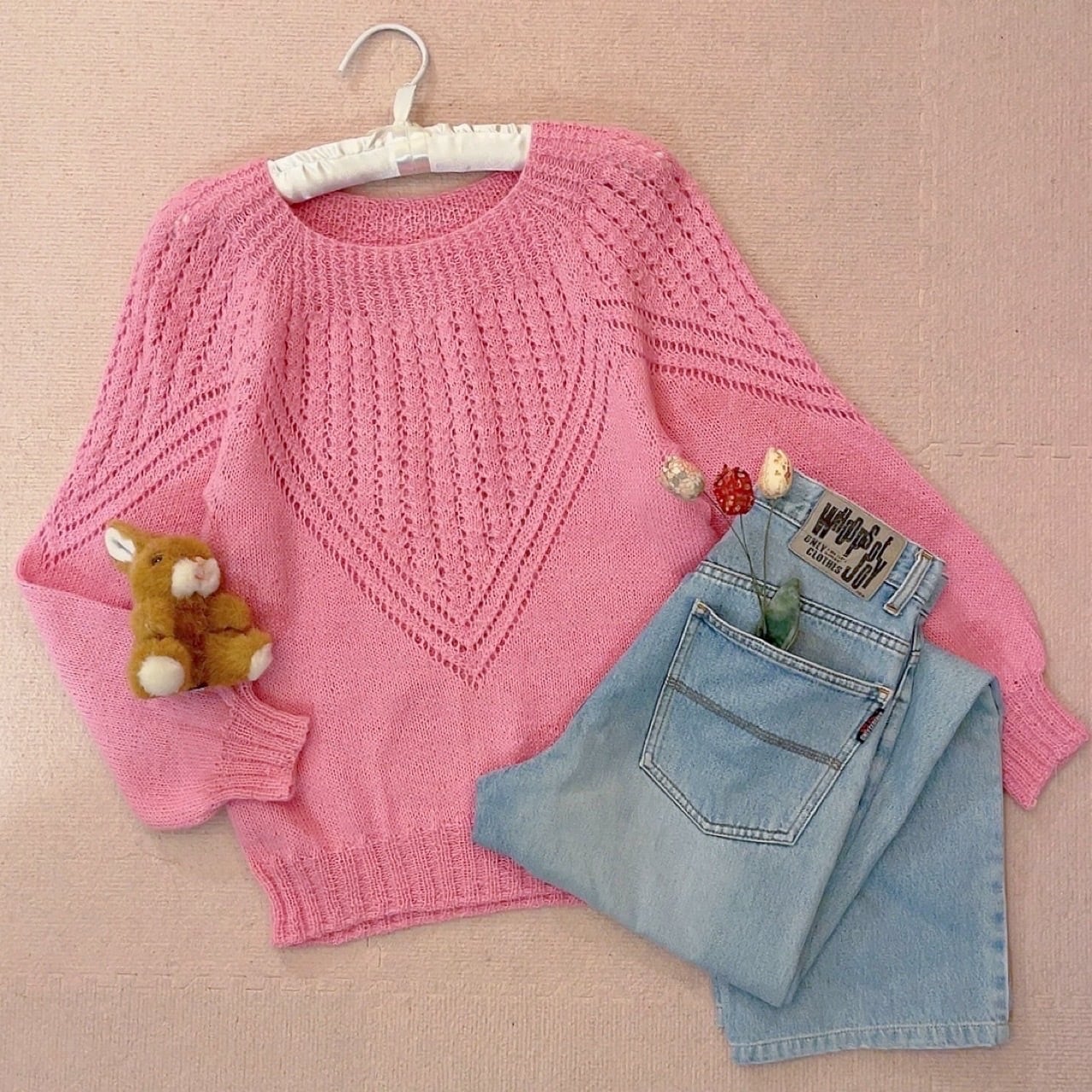 pink openwork knit sweater