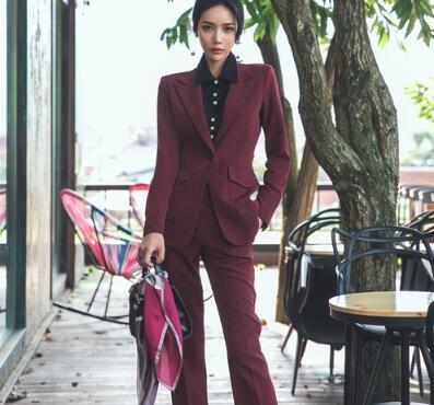 秋 ワンボタンノッチ ブレザーコートロングパンツ バーガンディ 2