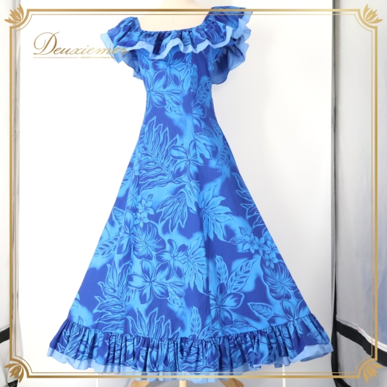 フラダンス 衣装 ワンピース ドレス ブルー系 CC Fashions ハワイ製 プルメリア柄 モンステラ柄 ハワイアンプリント アロハ フラ ダンス レッスン 練習 フリル 華やか 鮮やか さわやか 上品 かわいい おしゃれ 大人っぽい 青 水色 フラダンス用 トロピカル 美しい 夏 軽やか 柔らかい フェミニン