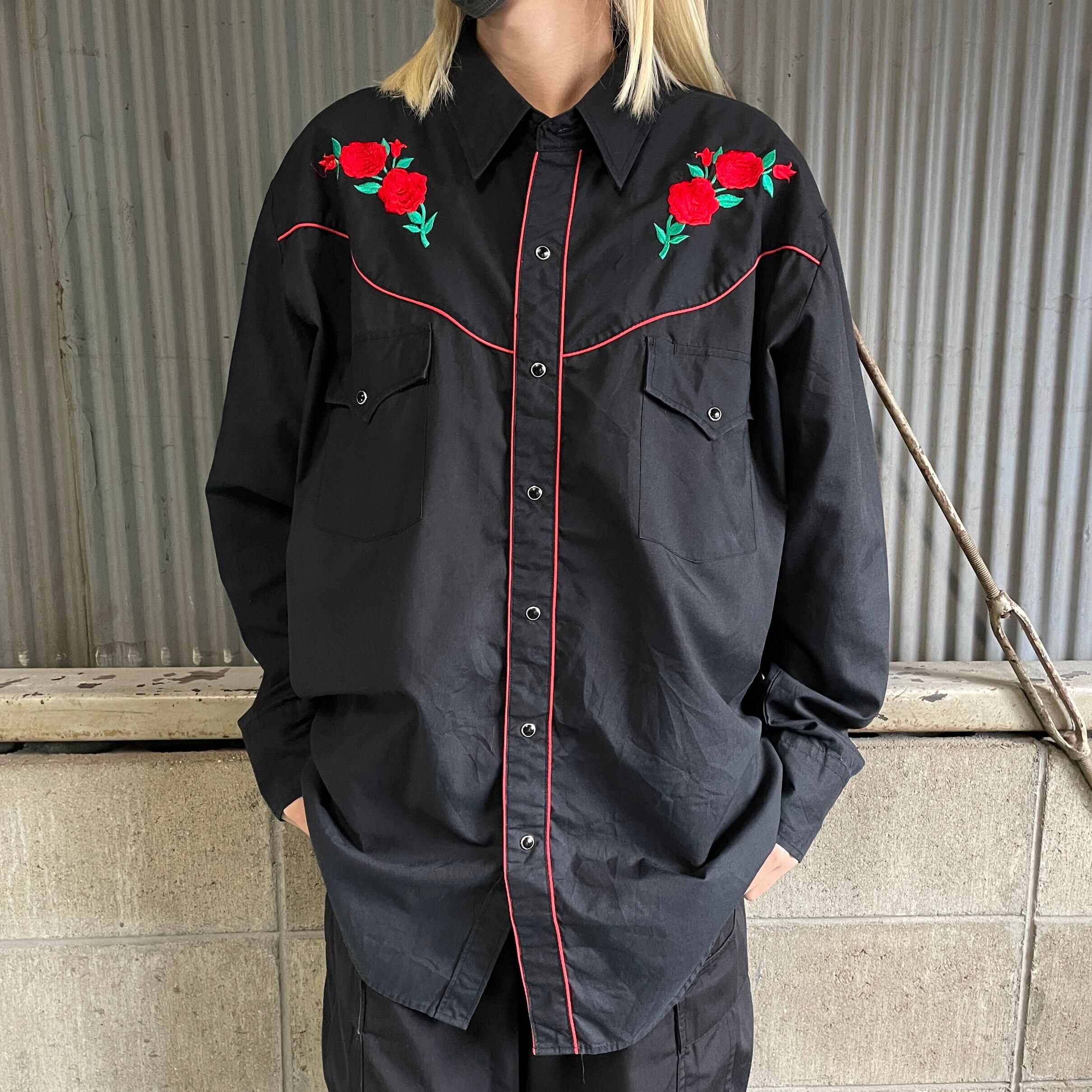 90年代 ELY DIAMOND 薔薇 花刺繍 長袖 ウエスタンシャツ メンズXL 古着