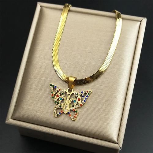 チョーカー ネックレス  蝶 バタフライ クリスタル ステンレス ビンテージ インセクト チェーン 昆虫 レディース カラフル