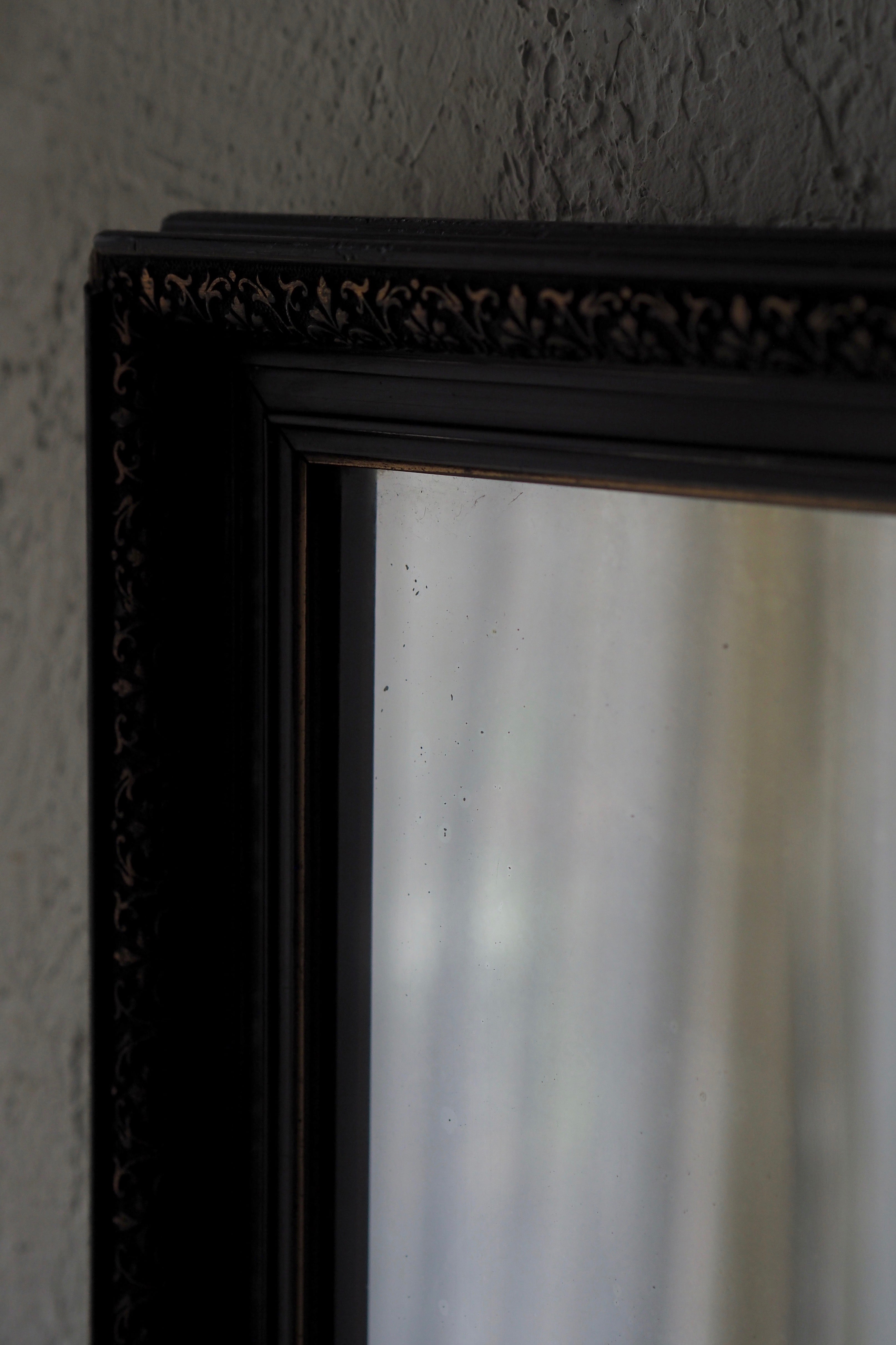 黒 ボタニカル装飾のミラー-antique black frame mirror