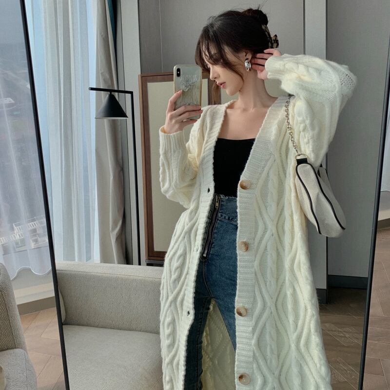 ツイストVネックセーターコートレディース2020年秋冬新作スタイルルーズレイジーウィンドミドル丈ウエスタンスタイルニットトップス ドラファッションホール39915990400