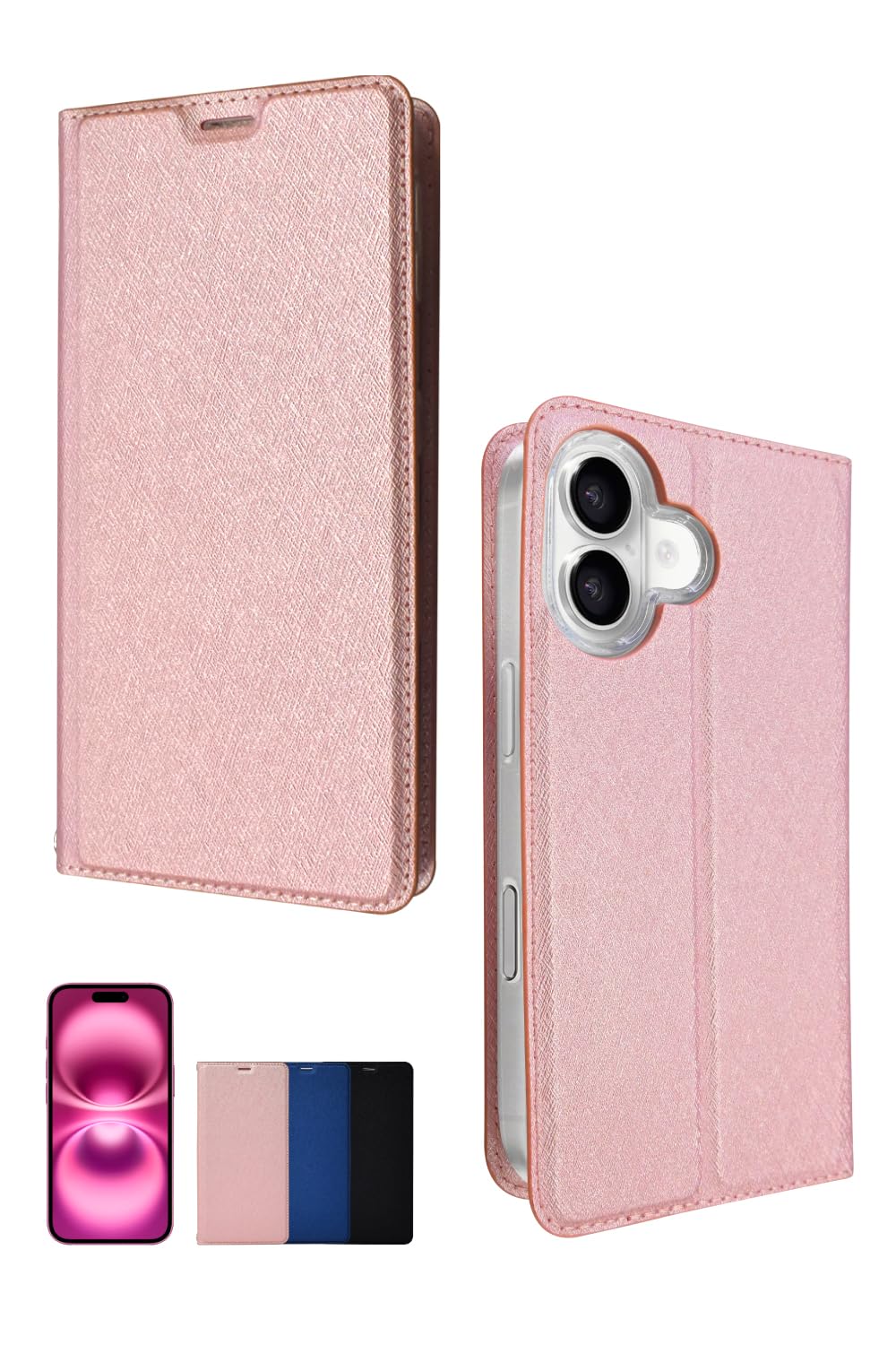シズカウィル iPhone 16 用 ケース カバー 手帳型 スリム ケース ローズピンク 1個入り