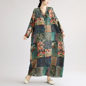 PRINT V-NECK 3QTR SLEEVE LINEN LONG DRESS M-18025