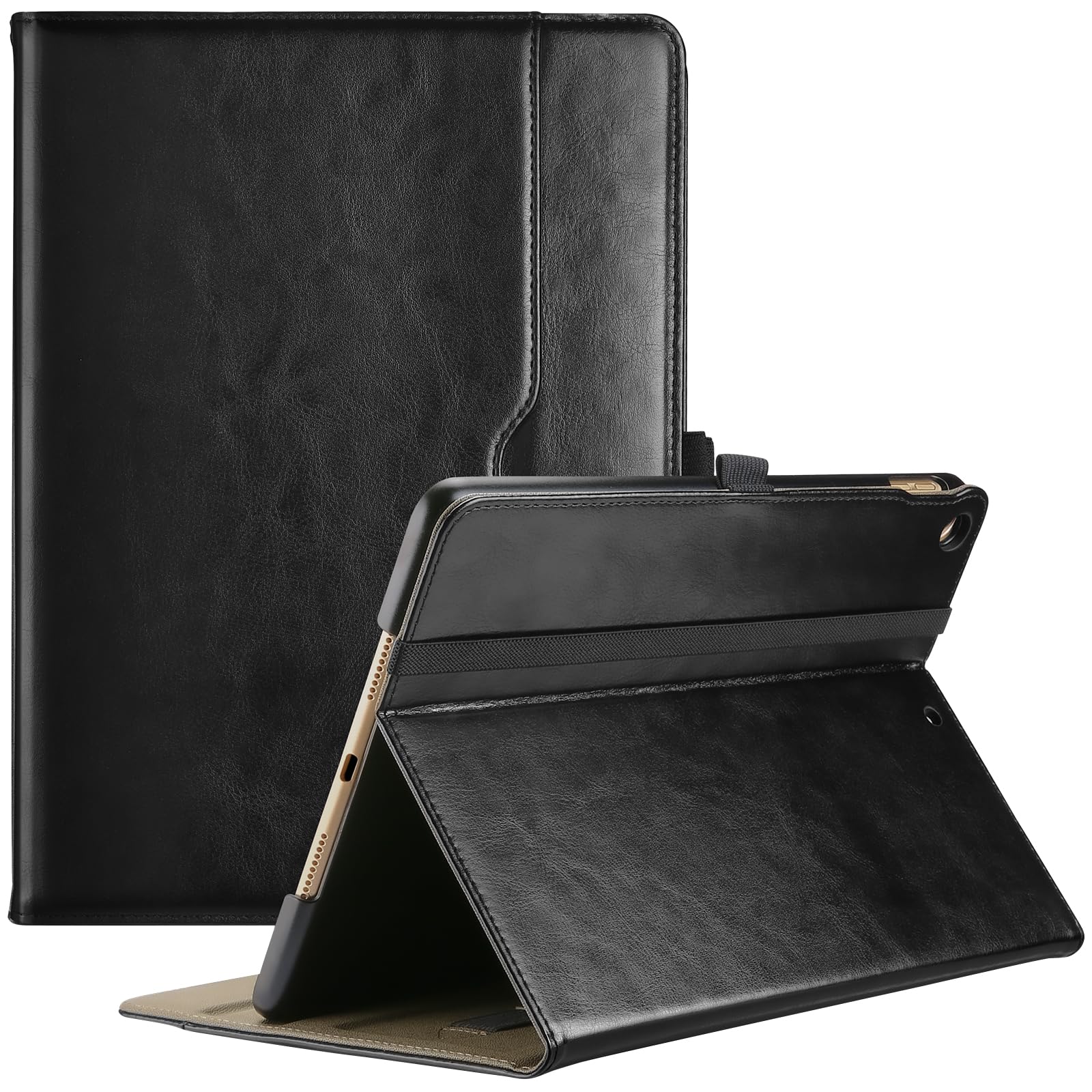 ProCase iPad 9/8/7 ケース (2021 2020 2019) iPad 10.2" 対応 PUレザーカバー ペン収納 耐衝撃 手帳型 スタンド フォリオカバー (ブラック)