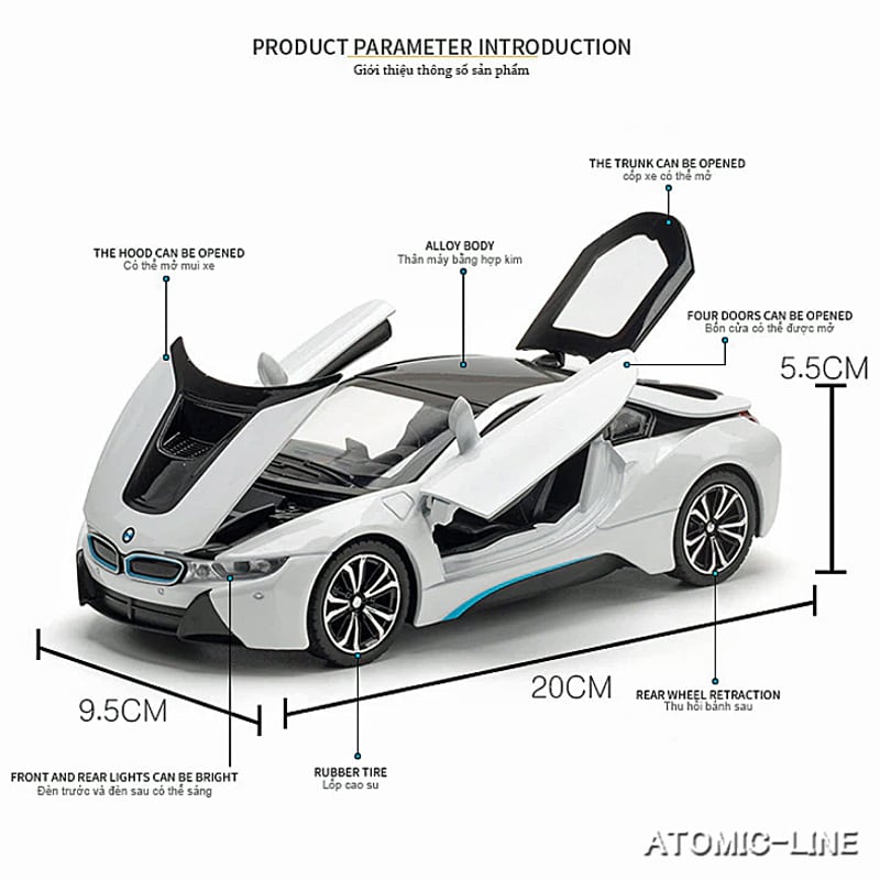 BMW i8 1/24 ミニカー 全2色 ライト点灯 エンジンサウンド 合金モデル