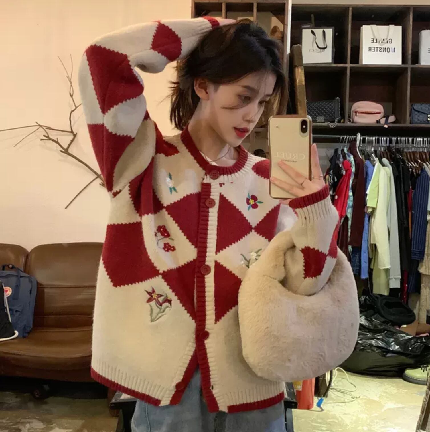 レトロチェック で着映えカーデ 花 刺繍 カーディガン レトロ モダン チェッカー 古着っぽ 萌え袖 学生 オシャかわ ガーリー Lamitte Deco トレンド 韓国ファッション ショップ Base店