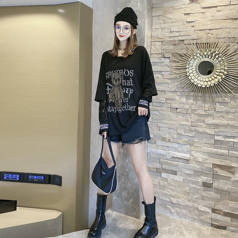 プラスサイズの女性の2020秋の手紙偽のツーピース長袖Tシャツ漫画脂肪mmバージョンの緩いレーススリーブトップトレンド ミックスインファッション30436425000