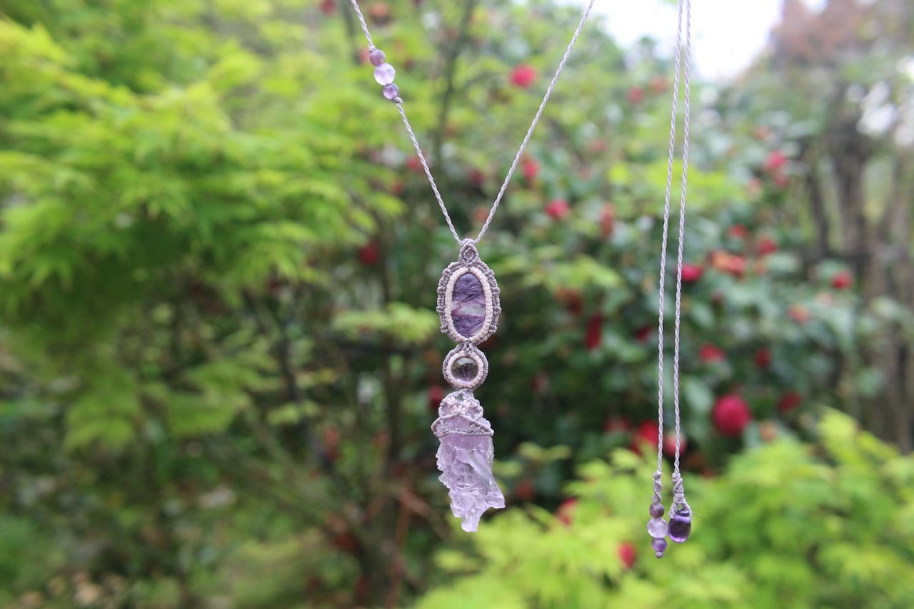 Etched Amethyst & Charoite & amethyst micro macrame purple pendant