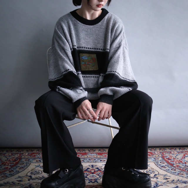 "black×gray" bi-color pattern front patchwork loose box silhouette knit