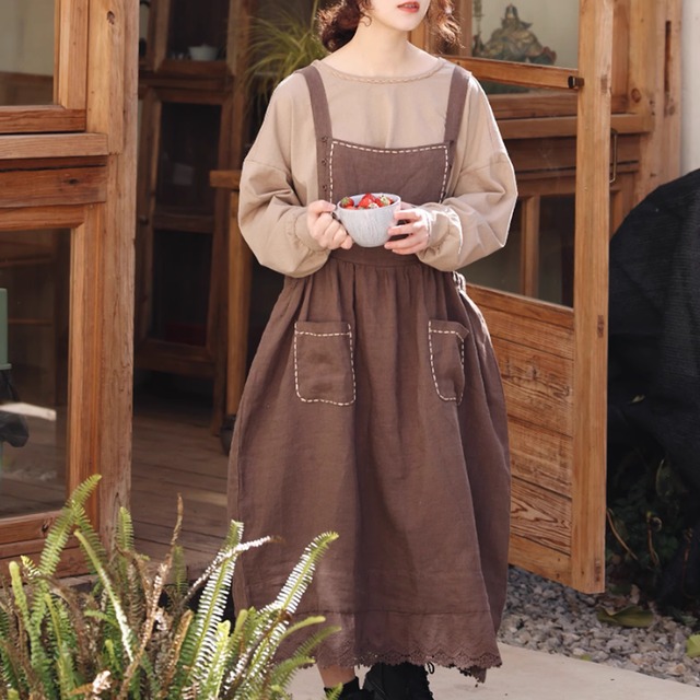 ステッチとボタンのサスペンダーワンピース W0172