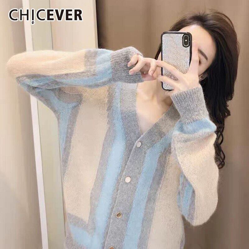 CHICEVERセーターレディースVネック長袖パッチワークストライプヒットカラー薄手のセーター2020冬 ロング ウィンター 冬物 6base59237193824