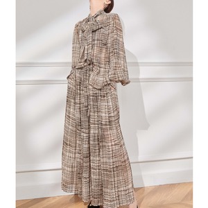 ベルスリーブチェックブラウス＆ロングスカートのセットアップ W00879